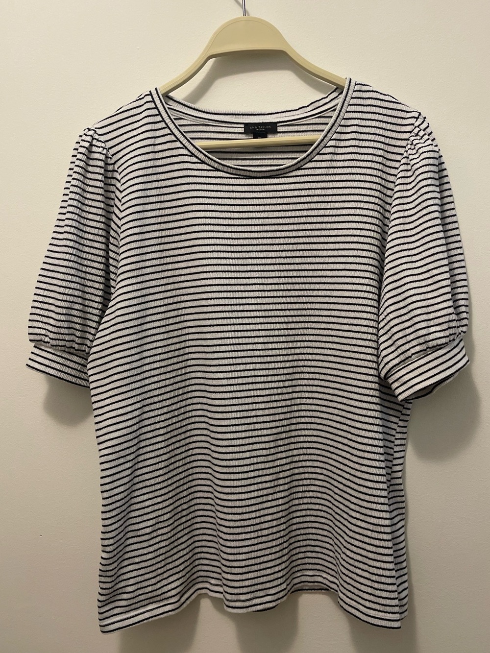 Ann Taylor Navy & White Striped Knit Puff Sleeve Tee